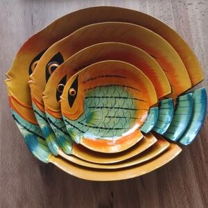 Colorful Fish-Shaped Wood Plate Set. Made In Indonesia